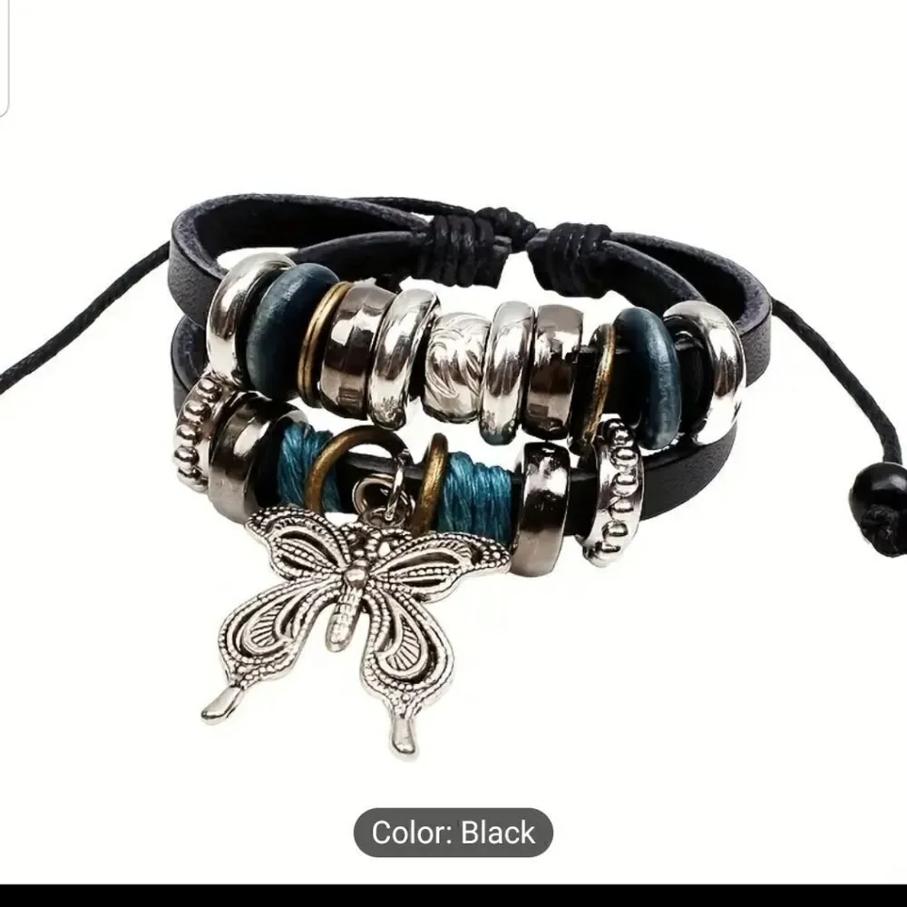Leather bracelet adjustable butterfly